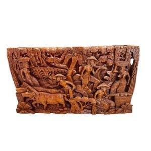 Vintage Balinese Hand Carved Wood Relief Panel Village Life Scene 13.5x8"
